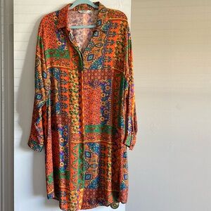 Shirt Dress Long Sleeve 50 2XL Colorful Paisley Orange Blue Green 100% Cotton